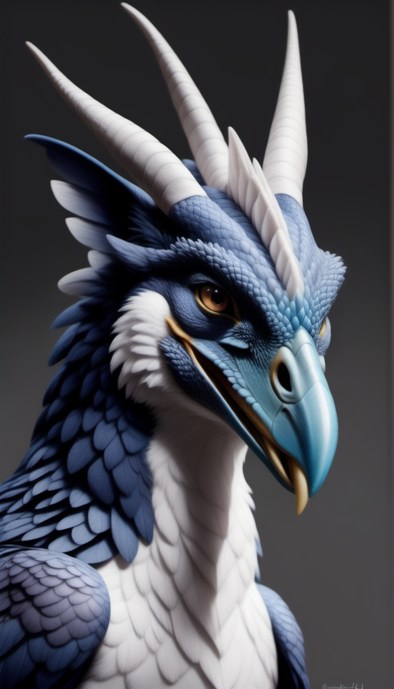 667859236-real e621, , solo, blue body, dragon, avian, ambiguous gender, white body, beak, fur, horn, feral, white scales, scales, black b.png